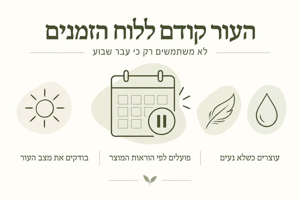 העור קודם ללוח הזמנים לוח שנה עם סמל השהיה, הממחיש שתדירות השימוש בפילינג נקבעת לפי מצב העור והוראות המוצר.