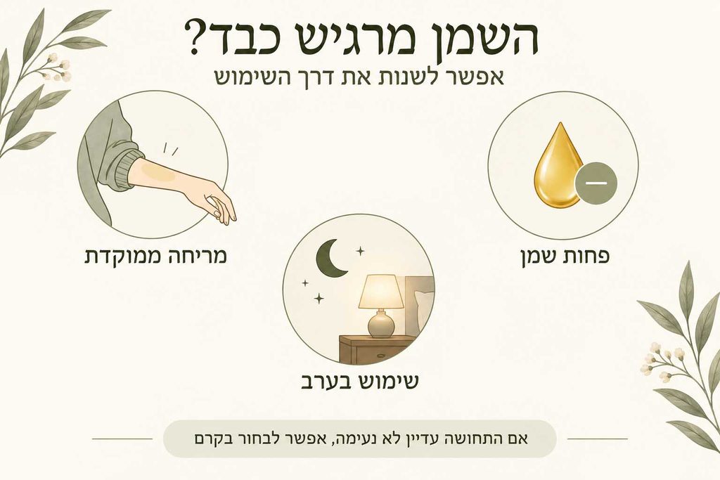 התאמות לשימוש בשמן גוף שמרגיש כבד: הפחתת הכמות, מריחה ממוקדת או שימוש בערב.