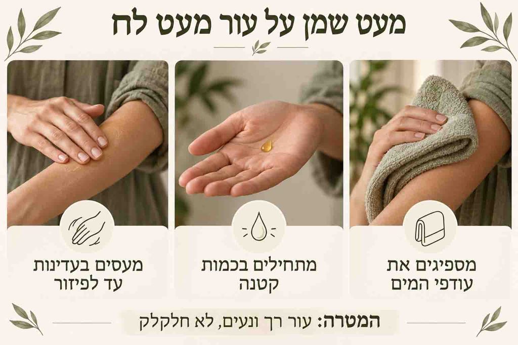 שלבי מריחת שמן גוף: הספגת עודפי המים, התחלה בכמות קטנה ועיסוי עדין עד לפיזור.